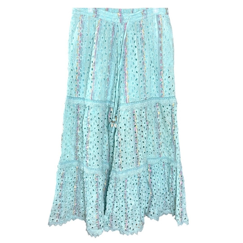 BAROK Boho Tiered Wide Leg Eyelet Lurex Crochet Palazzo Pants w‎ pockets L NWOT